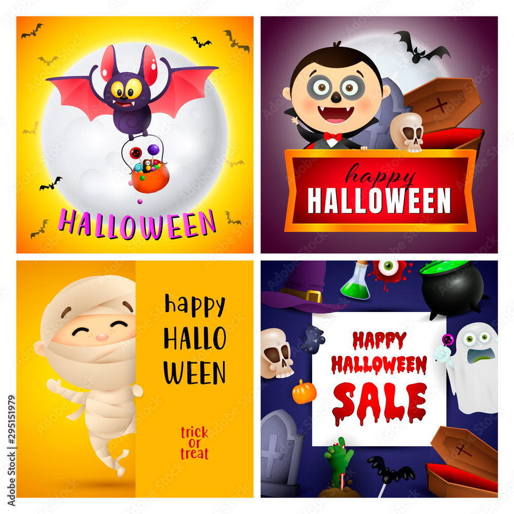 Fototapeta premium Halloween yellow, blue banner set with vampire, mummy, bat