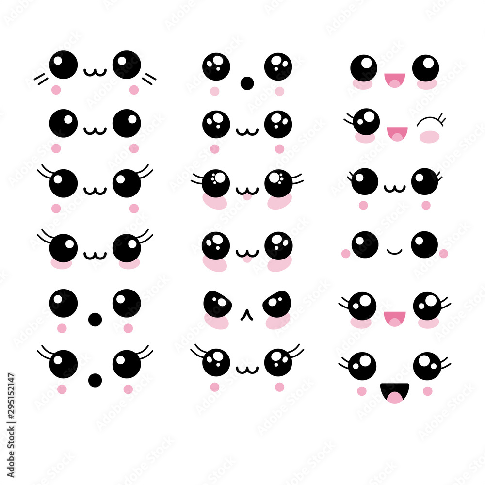 Vector illustration set of 18 cute kawaii anime faces. Happy, animal,  eyelashes, cheeks. Stock Vector | Adobe Stock