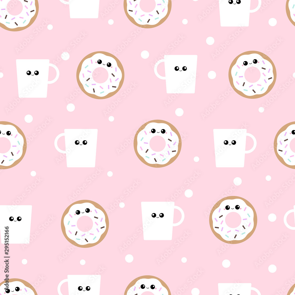 Vector seamless pattern of cute coffee cups and donut characters on a pastel pink background. Vector seamless pattern of cute coffee cups and donut characters on a pastel pink background.