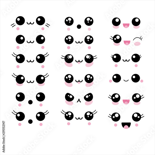 Vector illustration set of 18 cute kawaii anime faces. Happy, animal, eyelashes, cheeks. photo