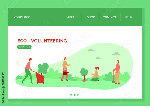 Vector website template with set of characters on environmental issues. Boys and girl planted and watered trees. © Evgenia