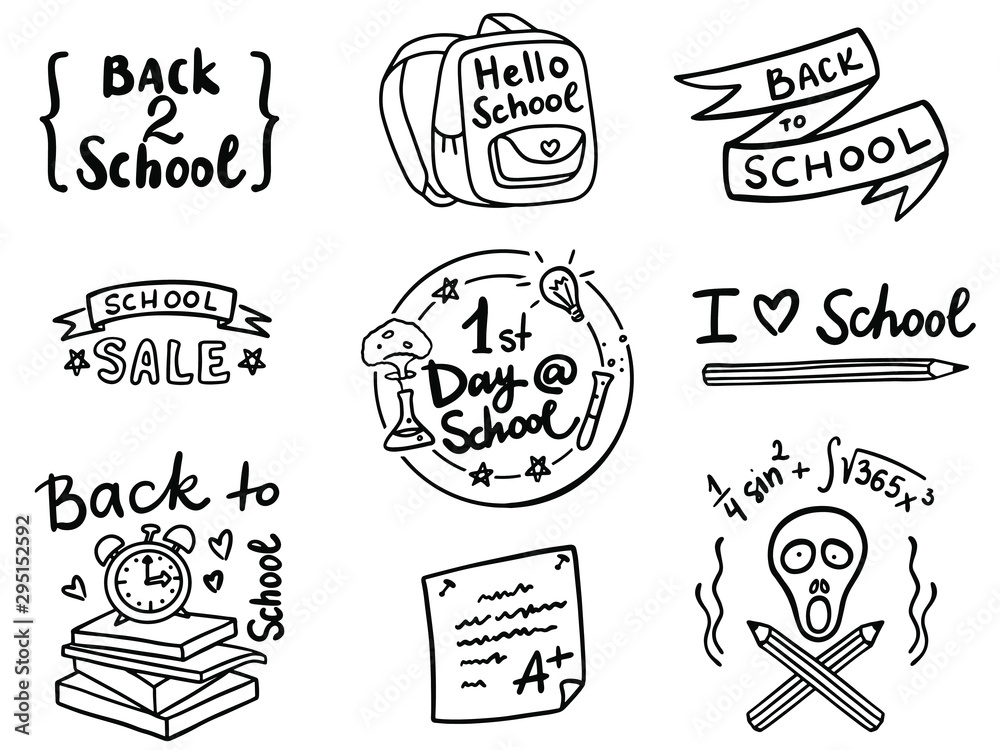 Plakat Collection of outlined simple drawings for the topic Back 2 School in eps 10. Funny childish style, hand drawn uneven lines.