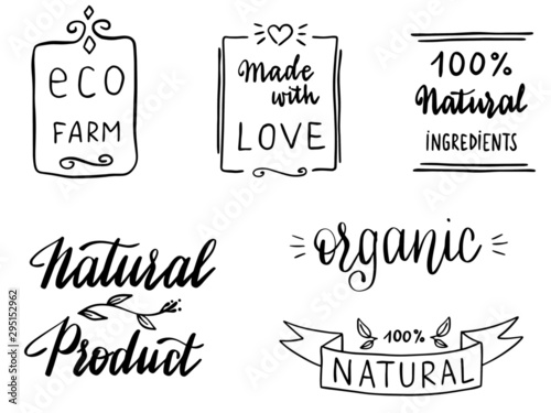Set of hand written vector icons and words in vector  natural  ecologic  organic  vegan  100   eco.  Nice calligraphy elements for stamps or stickers. 