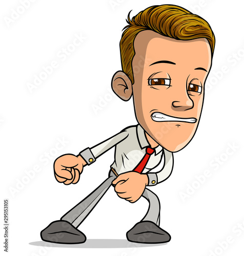 Cartoon brunette standing funny strong boy character draging something with red tie. Isolated on white background. Vector icon.