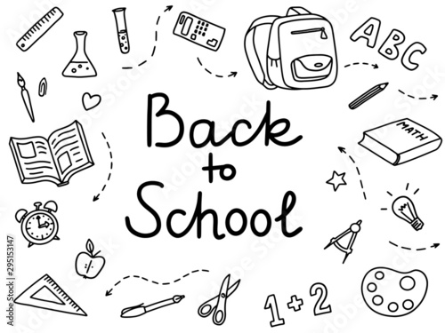 Doodle set "Back to school". Lessons objects drawn by hand in a childish manner. Cute vector outlined cartoon drawings. 