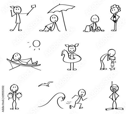 Set of summer vacation stick figures. Hand drawn black and white stick men symbolizing rest on the vacation and different summer leisure activities. Cute cartoon characters, simple drawn vectors.