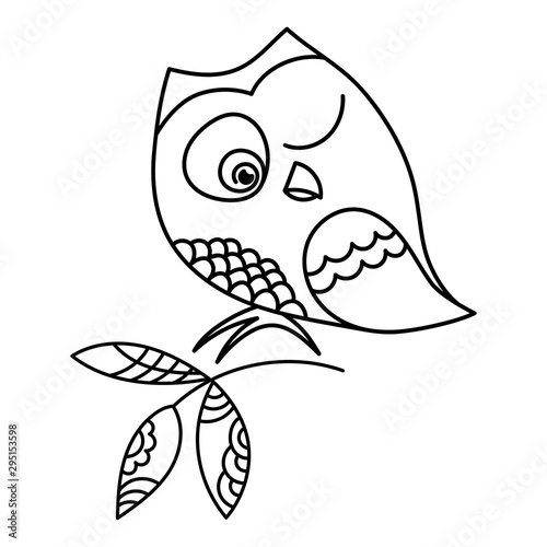 Coloring book. Cute squinting Owl . Anti-stress sketch freehand drawing with Doodle and zentangle elements.