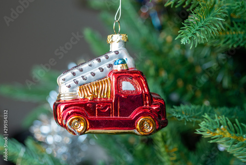 Christmas tree with decorations. Holiday, decor. Including variety of Christmas toys. 