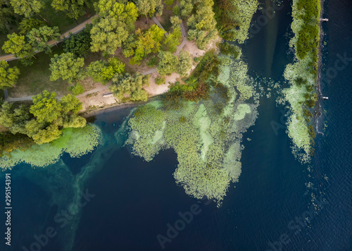 Aerial view of park on the bank of Dnieper in Kyiv, Ukraine