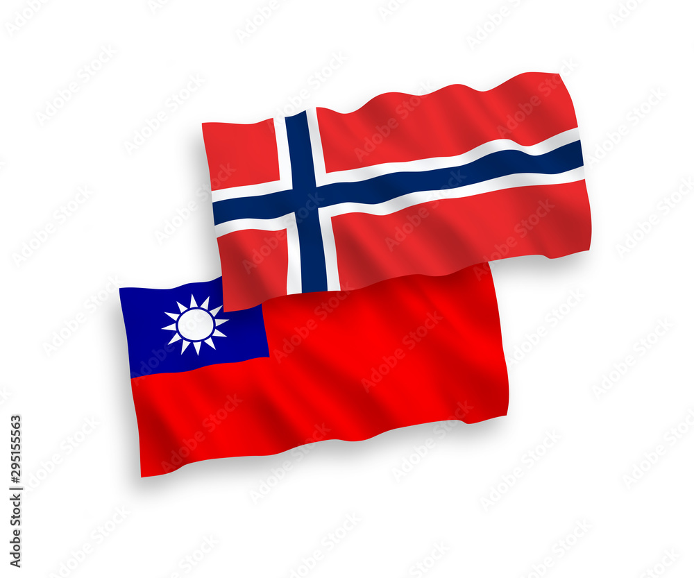 National vector fabric wave flags of Norway and Taiwan isolated on white background. 1 to 2 proportion.
