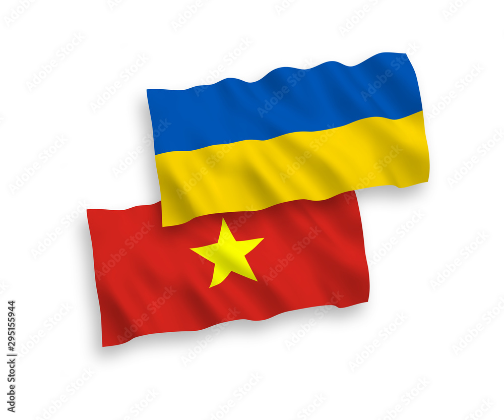 National vector fabric wave flags of Vietnam and Ukraine isolated on white background. 1 to 2 proportion. National vector fabric wave flags of Vietnam and Ukraine isolated on white background. 1 to 2 proportion.