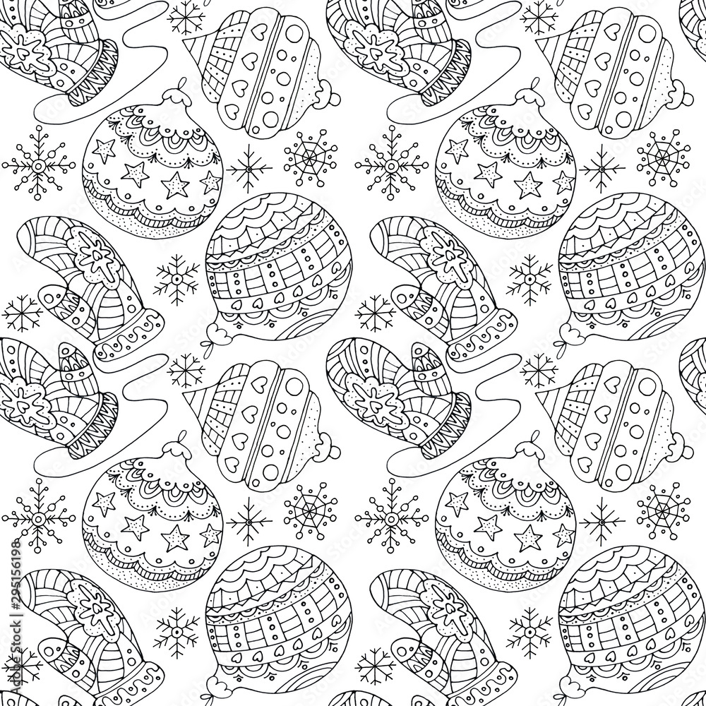 Hand drawn black and white seamless pattern Christmas balls, snowflakes and mittens.Pattern for coloring book page for adults and kids. Flat illustration for card, flyer, wrapping, wallpaper, textile Hand drawn black and white seamless pattern Christmas balls, snowflakes and mittens.Pattern for coloring book page for adults and kids. Flat illustration for card, flyer, wrapping, wallpaper, textile