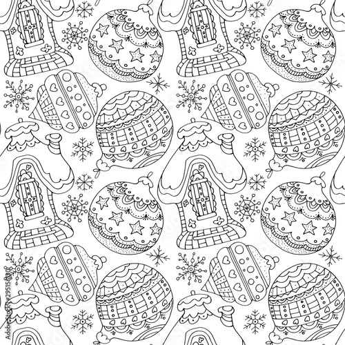 Hand drawn black and white seamless pattern Christmas snowflakes, balls and house.Pattern for coloring book page for adults and kids. Flat illustration for card, flyer, wrapping, wallpaper, textile