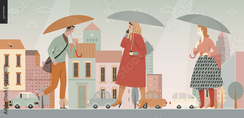 Rain -walking people -modern flat vector concept illustration of people with umbrella, walking or standing in the rain in the street, city houses and cars.