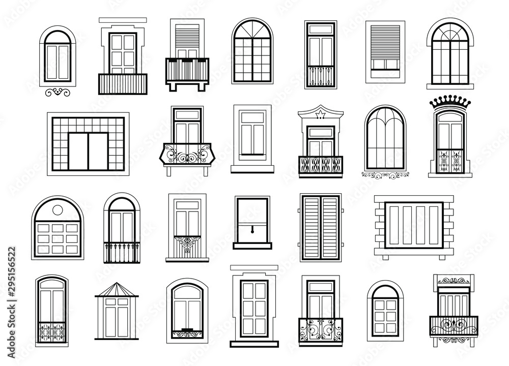 Vector illustrations set with different silhouettes of window frames. Window frame silhouette for house or home, construction windows architectural classic
