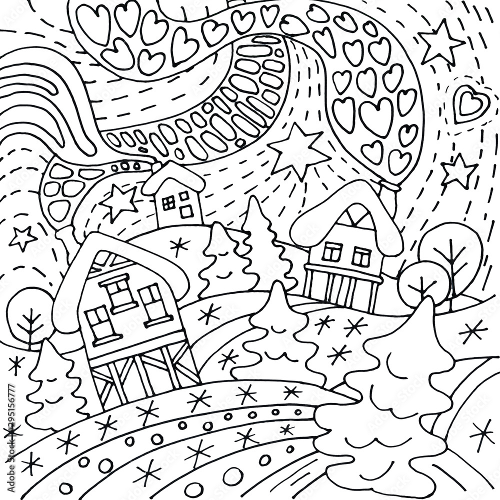 Obraz premium Christmas houses in the winter snow spruce forest with snowflakes, stars, heart.Pattern coloring book page for adults and kids. Flat illustration for card, flyer, gift