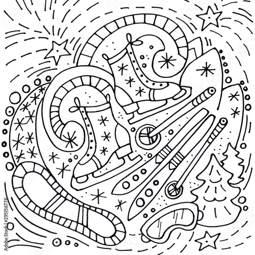 Christmas with snowflakes, ski, snowboard, glasses, ski poles, skates, tree, stars, balls. Pattern coloring book page for adults and kids. Flat illustration for card, flyer, gift