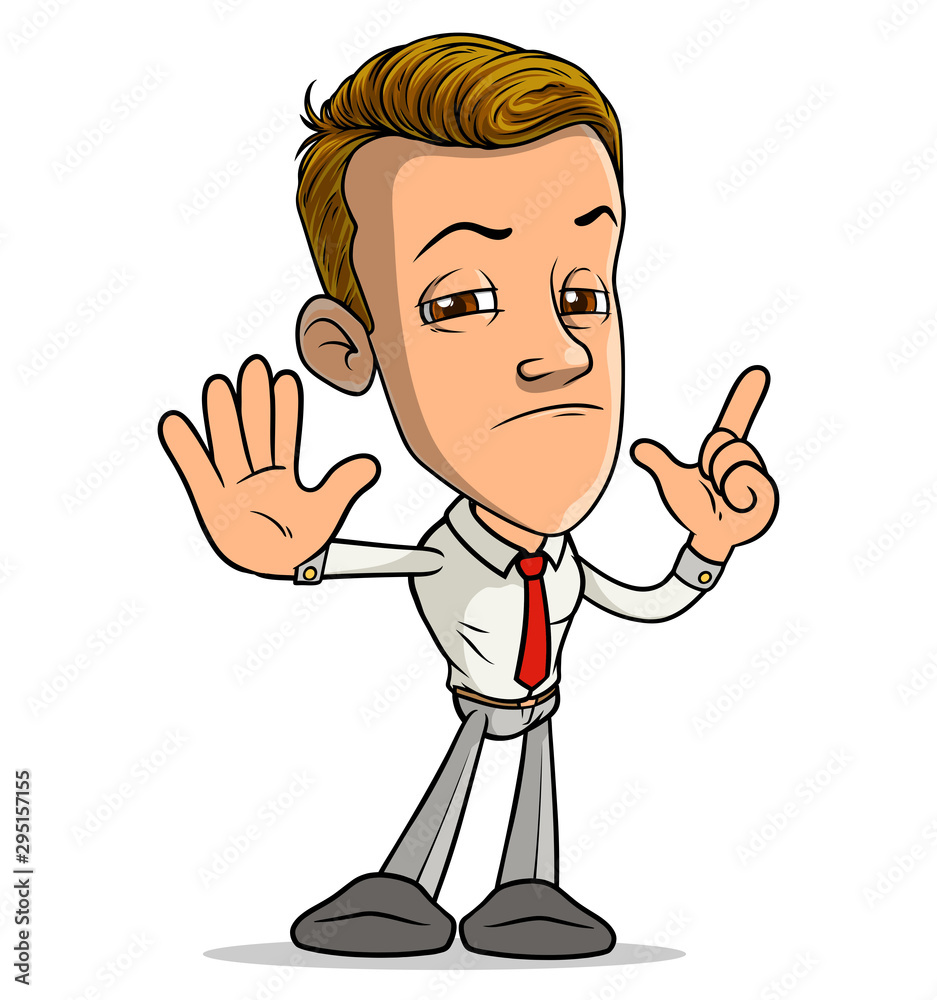 Cartoon brunette standing funny smiling boy character showing stop forefinger up gesture sign with red tie. Isolated on white background. Vector icon. Cartoon brunette standing funny smiling boy character showing stop forefinger up gesture sign with red tie. Isolated on white background. Vector icon.