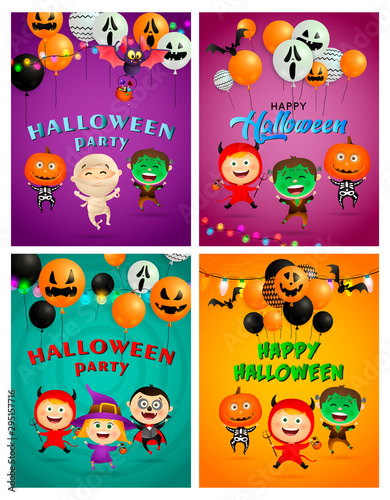 Halloween party violet  blue banner set with monsters  balloons. Halloween  October  trick or treat. Lettering can be used for greeting cards  invitations  announcements