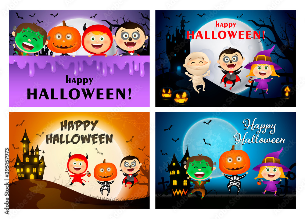 Happy Halloween blue, violet, orange banner set with monsters. Halloween, October, trick or treat. Lettering can be used for greeting cards, invitations, announcements