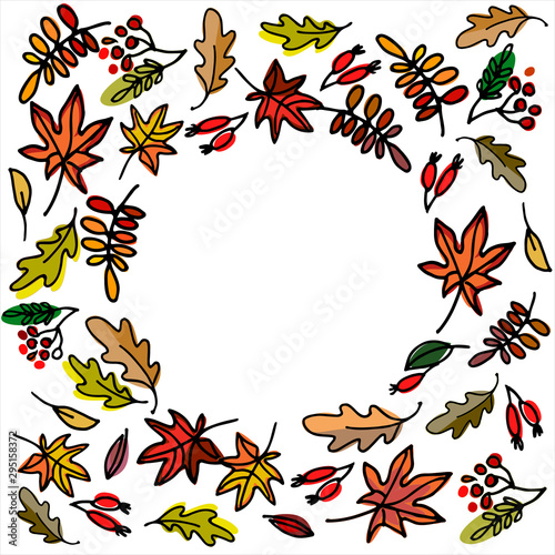 Autumn seasonal frame with leaves and berries on white background