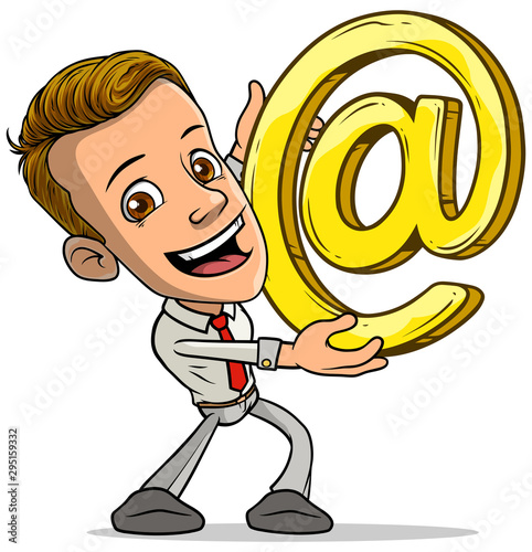 Cartoon brunette standing funny smiling boy character holding golden email sign. Isolated on white background. Vector icon.