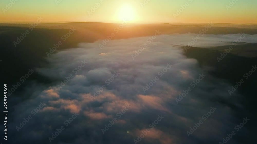 Aerial view of Fog over the river at sunrise, thick fog over the river aerial, fog over the Dniester, river in the morning mist, Fog at sunrise Aerial view of Fog over the river at sunrise, thick fog over the river aerial, fog over the Dniester, river in the morning mist, Fog at sunrise