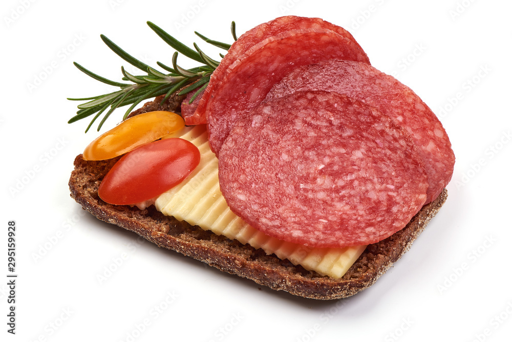 Smoked salami sandwich with herbs and spices, isolated on white background