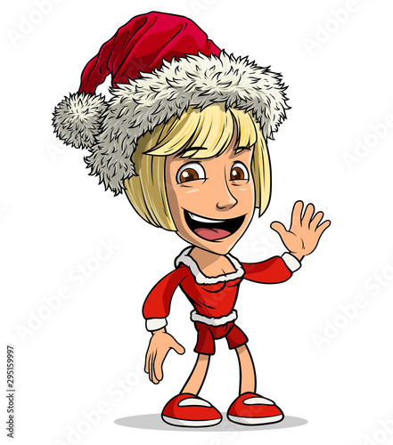Cartoon happy smiling cute blonde girl character in red dress and christmas santa fur cap. Isolated on white background. New year vector icon.