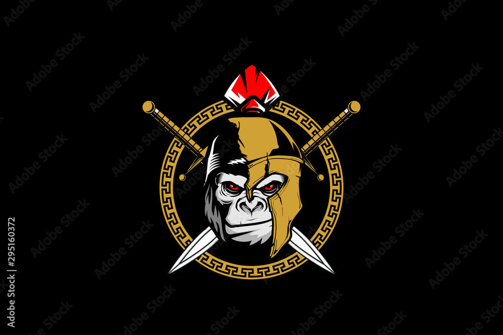 Fototapeta premium gorilla head with broken spartan helmet and sword cartoon vector template