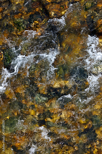 Clear water of a mountain river with a rocky bottom. © olgapkurguzova