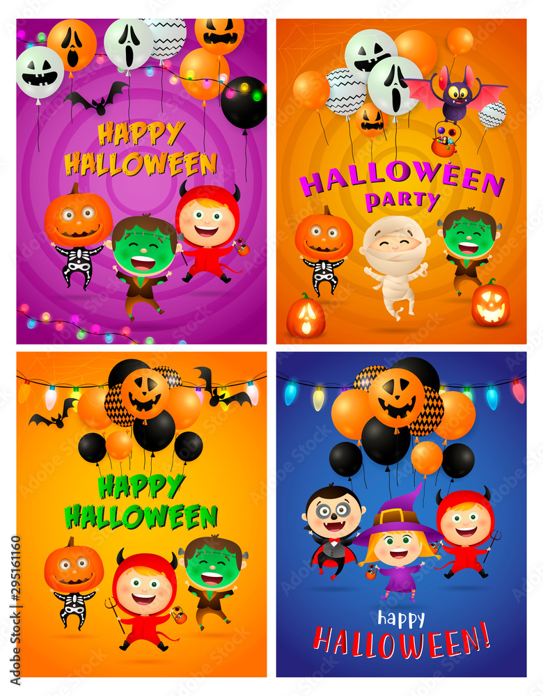 Halloween party orange banner set with balloons, monsters. Halloween, October, trick or treat. Lettering can be used for greeting cards, invitations, announcements