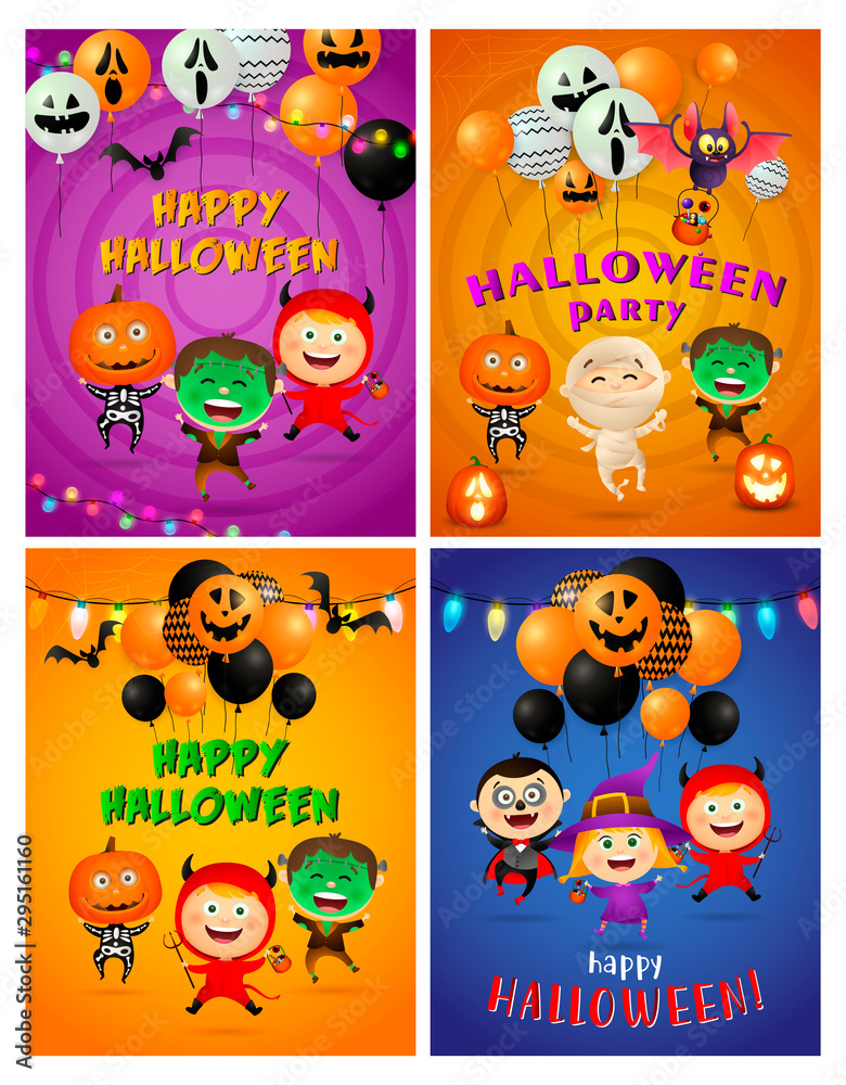 Fototapeta premium Halloween party orange banner set with balloons, monsters. Halloween, October, trick or treat. Lettering can be used for greeting cards, invitations, announcements