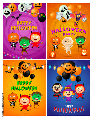 Halloween party orange banner set with balloons  monsters. Halloween  October  trick or treat. Lettering can be used for greeting cards  invitations  announcements