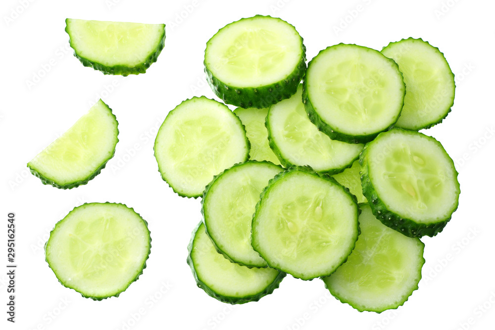 fresh cucumber slices isolated on white background. top view fresh cucumber slices isolated on white background. top view