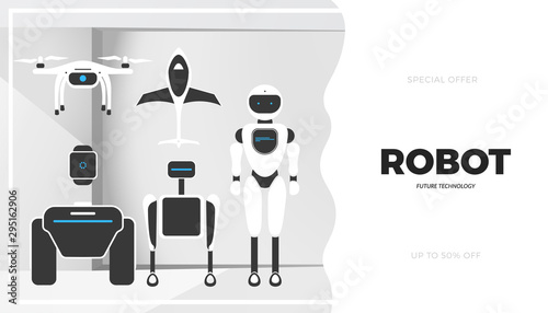 Modern robot technology vector banner template. Creative background with stylish robotic machine, drone, autonomous vehicle, smart home assistant. Future concept design