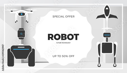 Modern robot technology vector banner template. Creative background with stylish robotic machine, drone, autonomous vehicle, smart home assistant. Future concept design