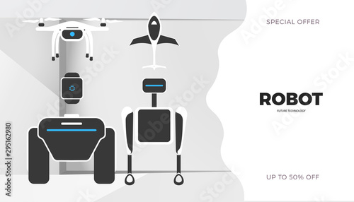 Modern robot technology vector banner template. Creative background with stylish robotic machine, drone, autonomous vehicle, smart home assistant. Future concept design