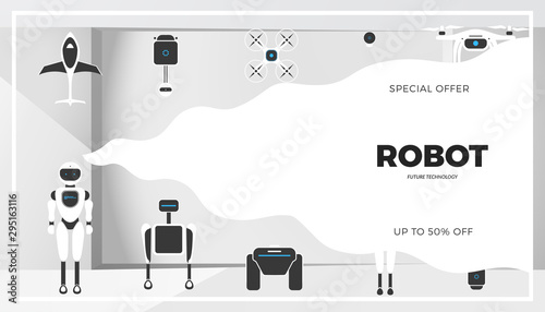 Modern robot technology vector banner template. Creative background with stylish robotic machine, drone, autonomous vehicle, smart home assistant. Future concept design
