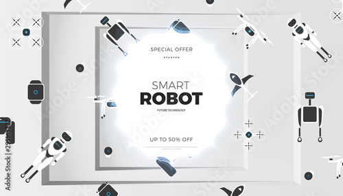 Modern robot technology vector banner template. Creative background with stylish robotic machine, drone, autonomous vehicle, smart home assistant. Future concept design