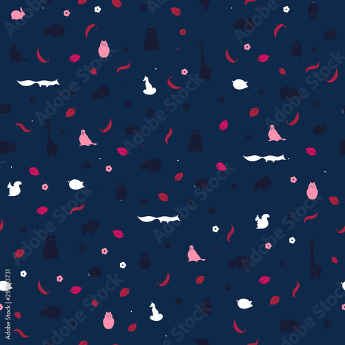 Wild animals and flowers vector seamless pattern. Retro style background, cute vintage template for wrapping paper, web design, patchwork, sewing or sheet fabric
