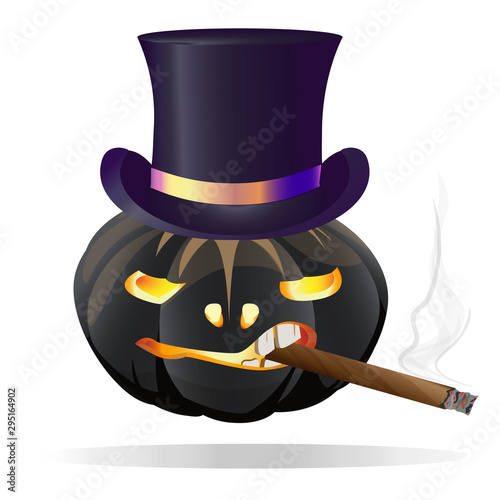 Pumpkin black for Halloween in a respectable top hat Smoking a cigar. Isolated on white background. Vector illustration.