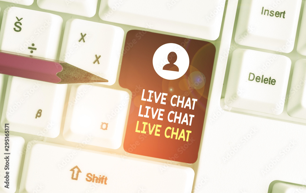 Conceptual hand writing showing Live Chat Live Chat Live Chat. Concept meaning talking with showing friends relatives online White pc keyboard with note paper above the white background Conceptual hand writing showing Live Chat Live Chat Live Chat. Concept meaning talking with showing friends relatives online White pc keyboard with note paper above the white background