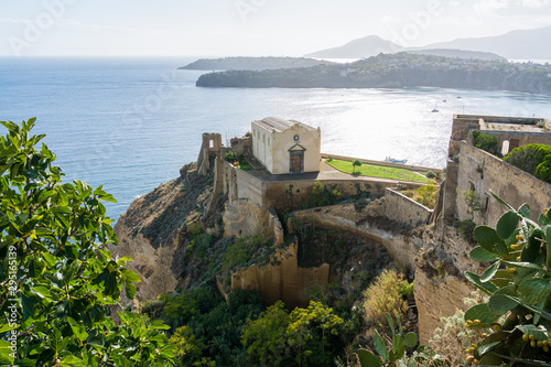 Panoramic sight of the beautiful island of Procida with Santa Margherita Nuova Church, near Napoli, Campania region, Italy.