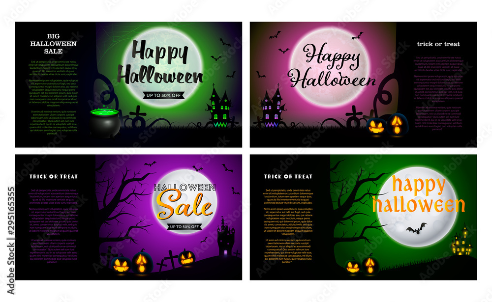 Happy Halloween black banner set with castles and pumpkins. Halloween, October, trick or treat. Lettering can be used for greeting cards, invitations, announcements