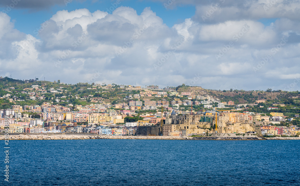Pozzuoli as seen from the ferry to Procida. Naples, Campania, Italy.