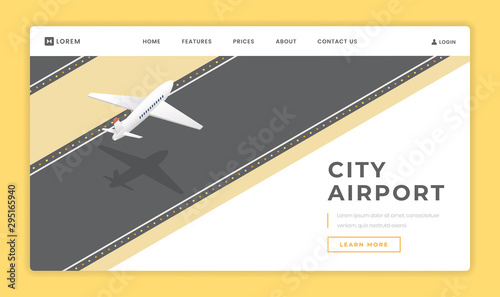 City airport landing page vector template. Passenger transportation business website homepage interface idea with isometric illustration. Commercial airlines service web banner 3D cartoon concept