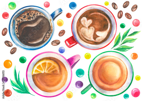 Set of watercolor hot drinks on an isolated background. Tea with lemon. Cappuccino coffee, espresso with a pattern. Sweet candy, sugar. Marshmallow, blueberries. Coffee beans, tea leaves.