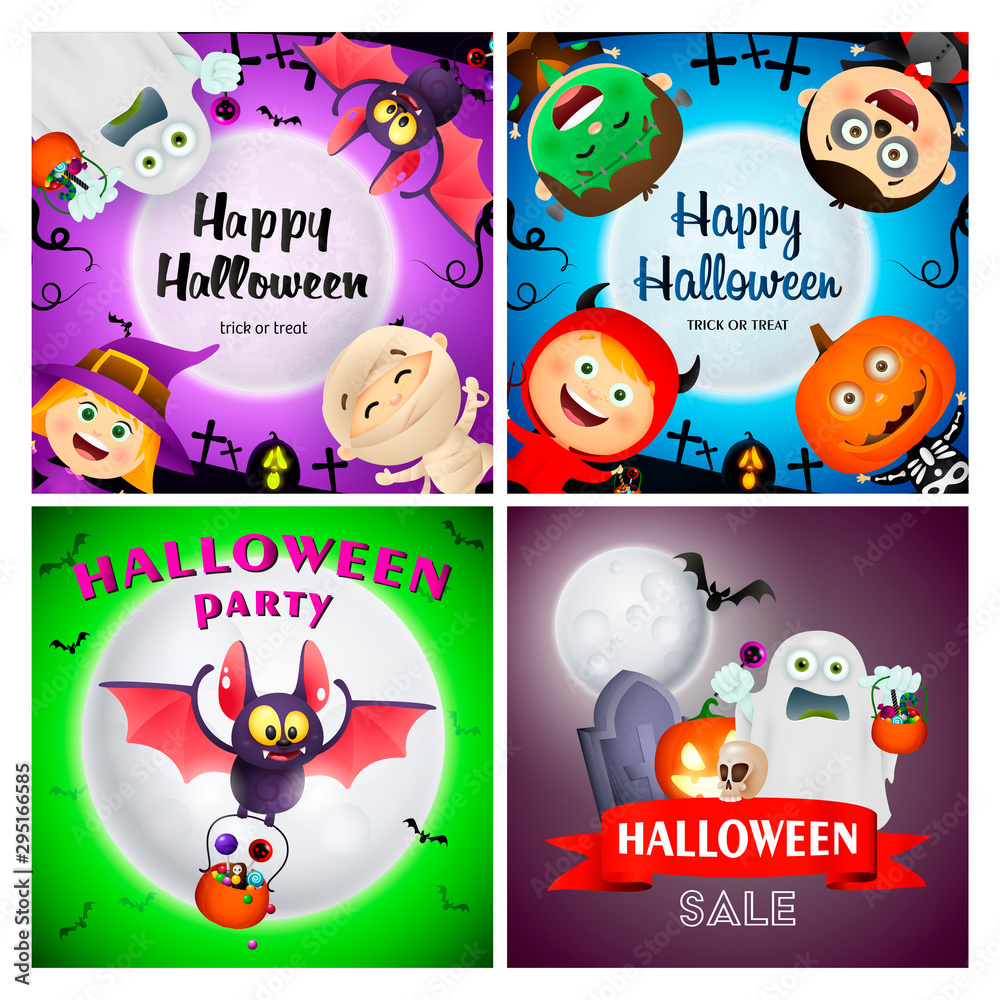 Fototapeta premium Happy Halloween green, violet banner set with bat, ghost. Halloween, October, trick or treat. Lettering can be used for greeting cards, invitations, announcements