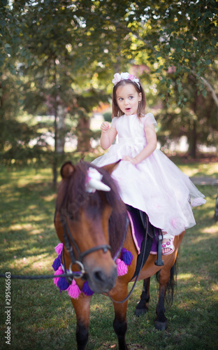 Little girl in a beautiful dress of pink color in the park with a brown pony.
